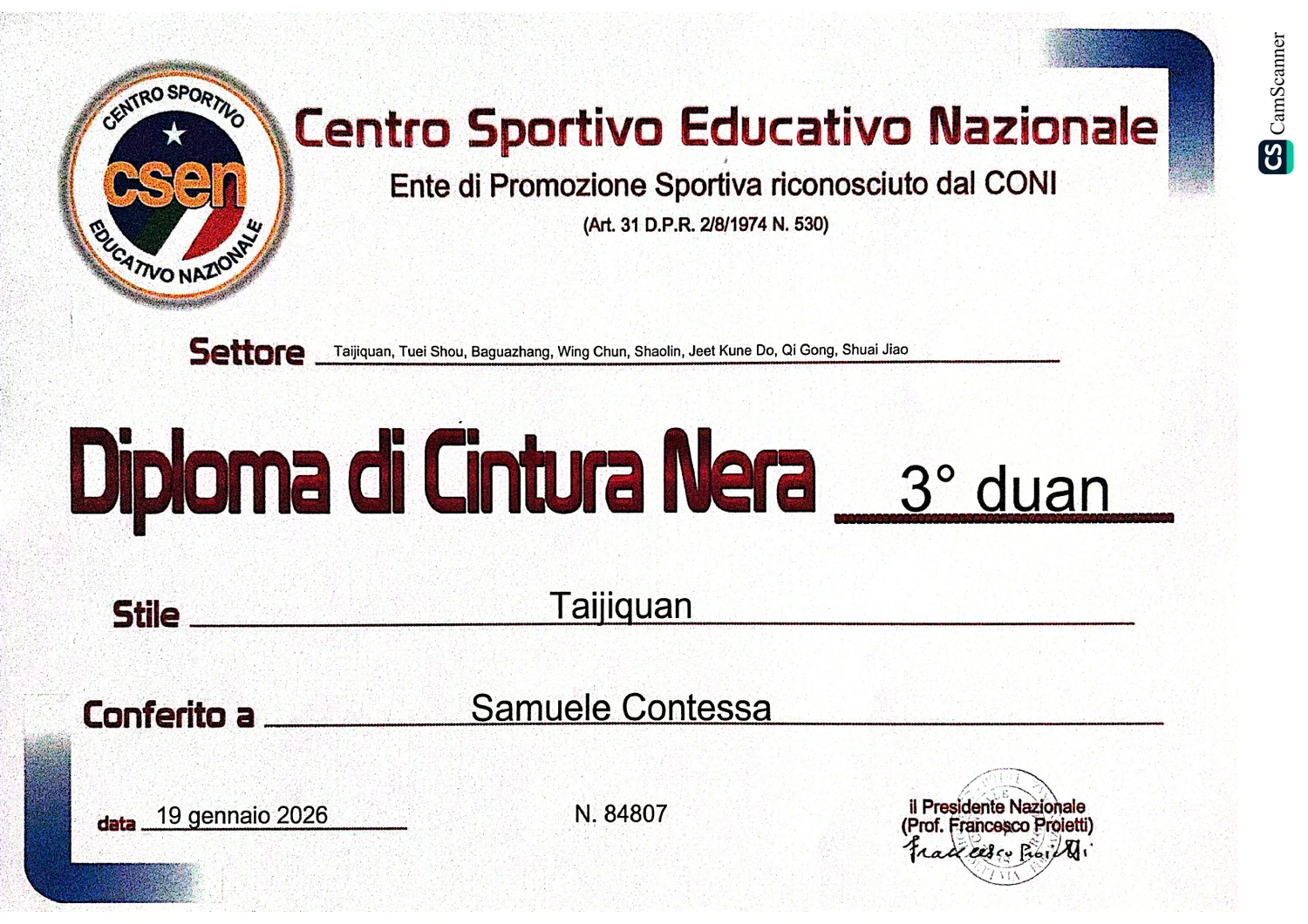 Diploma CSEN di cintura nera terzo duan rilasciato a Samuele Contessa