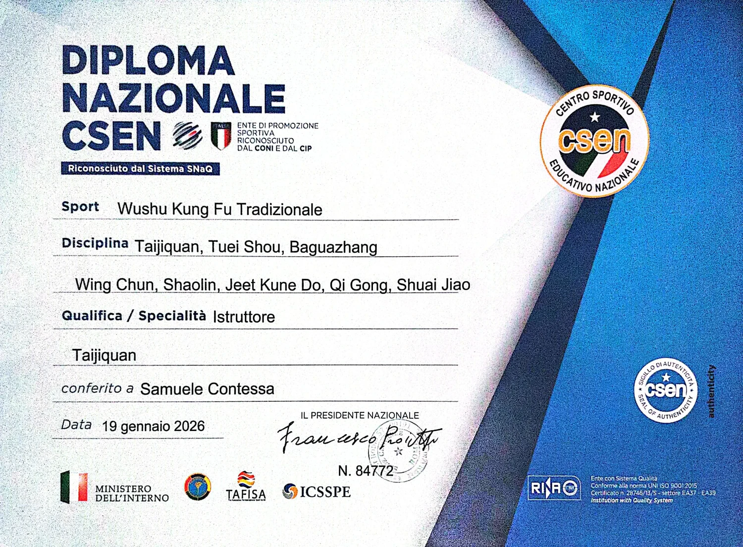 Diploma nazionale CSEN di istruttore di Taijiquan rilasciato a Samuele Contessa