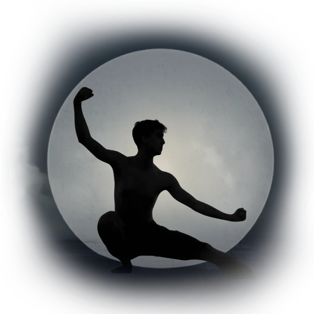 Sagoma di Samuele Contessa in una posizione bassa del Taijiquan stile Chen davanti alla luna piena